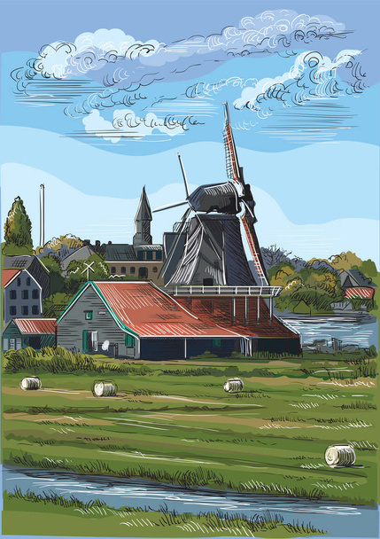 Vector hand drawing Illustration of watermill in Amsterdam (Netherlands, Holland). Landmark of Holland. Watermills on the meadow.Colorful vector engraving illustration. - Vector, Image