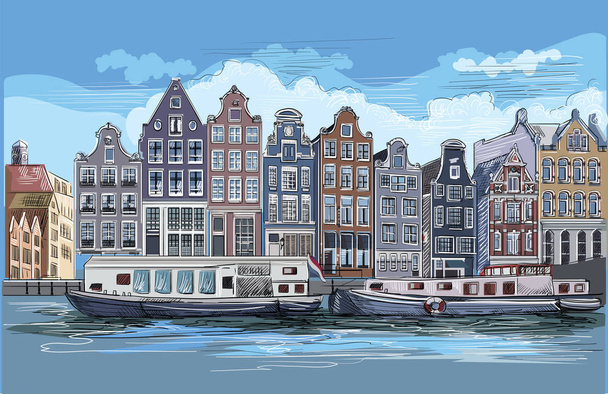 Cityscape with houses on riverbank. Canal of Amsterdam, Netherlands. Landmark of Netherlands.Colorful vector engraving illustration. - Vector, Image