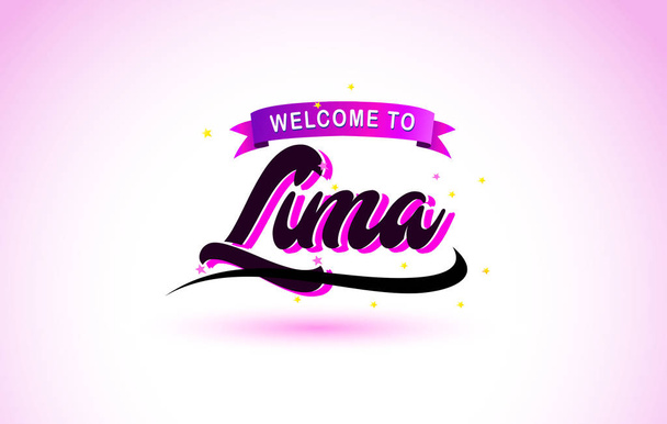 Καλώς ήλθατε στο δημιουργικό κείμενο Λίμα χειρόγραφη γραμματοσειρά με μωβ ροζ χρώματα σχεδιασμό εικονογράφηση διάνυσμα. - Διάνυσμα, εικόνα