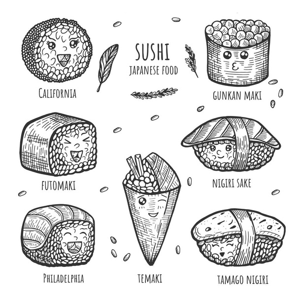 Vector εικονογράφηση του αστείους χαρακτήρες σούσι και ρολό με χαριτωμένο αντιμετωπίζει σύνολο. Σούσι Ιαπωνική τροφίμων τέτοια temaki, tamago και Φιλαδέλφεια nigiri, futomaki, Καλιφόρνια, Μάκη gunkan. Vintage χέρι στυλ - Διάνυσμα, εικόνα