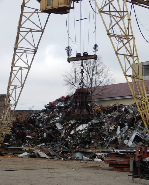 Gantry Crane Grabber Loading Scrap Metal At Junkyard  - Photo, Image