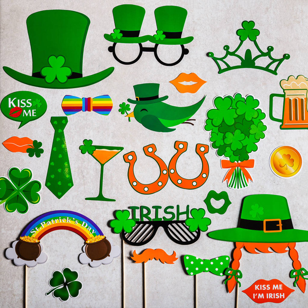 Different photo booth props for St Patricks Day party, top view, grey background - Photo, Image
