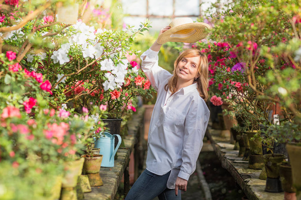 Beautiful woman gardening in greenhouse. Florist working and taking care of the plants and flowers. Azalea Rhododendron flowers. Botanical garden, flower farming, horticultural industry concept - Foto, immagini