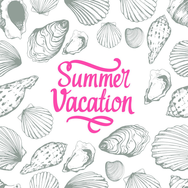 Seamless pattern. Vector Illustration of handdrawn seashells in sketch style on white background. Beach design. - Vektor, kép