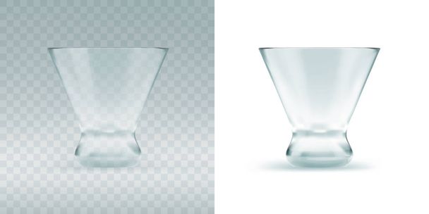 Empty transparent triangular glass for cosmopolitan cocktail, vermouth or drinking shots at the bar. Realistic 3d vector illustration of blank glassy stemware - Vector, Image