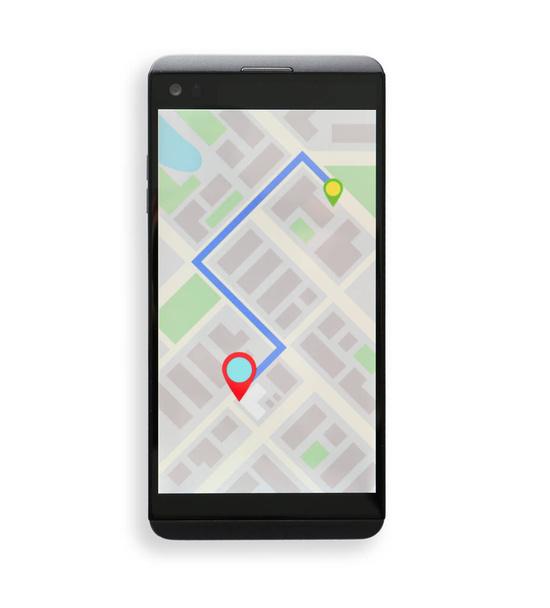 Mobilní telefon zobrazení mapy s trasou na obrazovce před bílým pozadím - Fotografie, Obrázek
