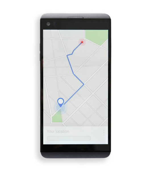 白い背景に、画面上のルートと地図を表示する携帯電話 - 写真・画像