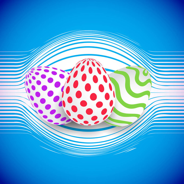 Feliz Páscoa 3d Vector design realista com ovo em um ninho estilizado. Design de cartão listrado azul ou modelo de convite
 - Vetor, Imagem