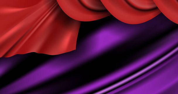 ウェーブのかかった高級赤サテン カーテン背景。ベクトル ・緋色のシルク生地のテクスチャまたはエレガントな紫コットン パターン - ベクター画像
