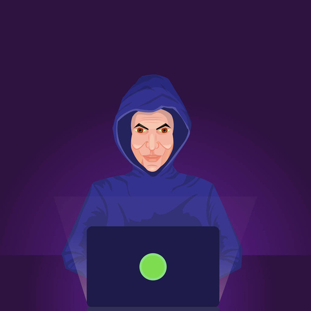 Опасный хакер в капюшоне ломается в темной атмосфере
 - Вектор,изображение