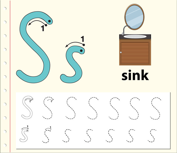 Letter S tracing alphabet worksheets illustration - Vector, Image