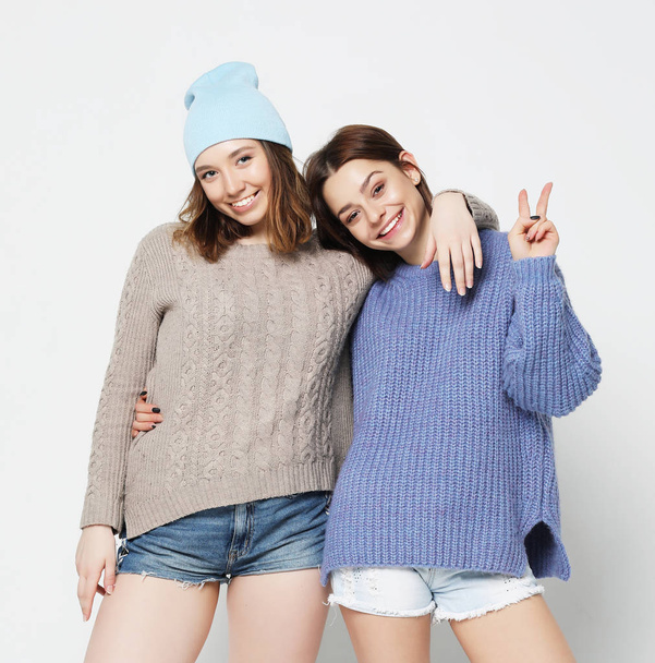 two stylish sexy hipster girls best friends. - 写真・画像