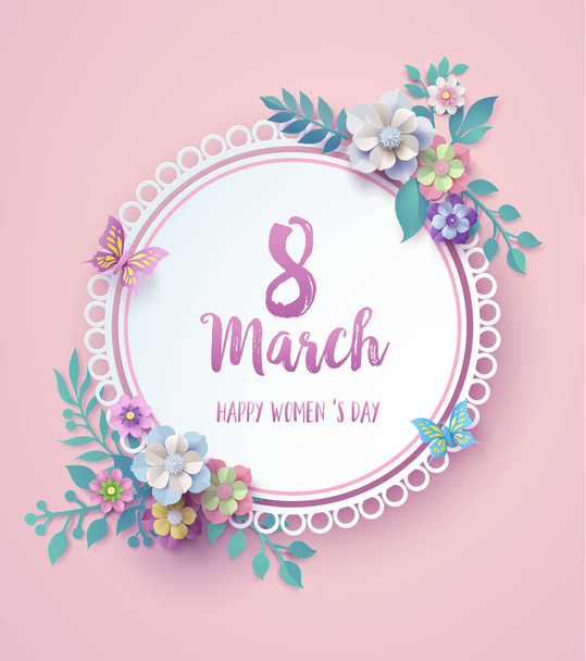 Internationale Vrouwendag 8 maart met frame van bloemen en bladeren, Paper art stijl. - Vector, afbeelding