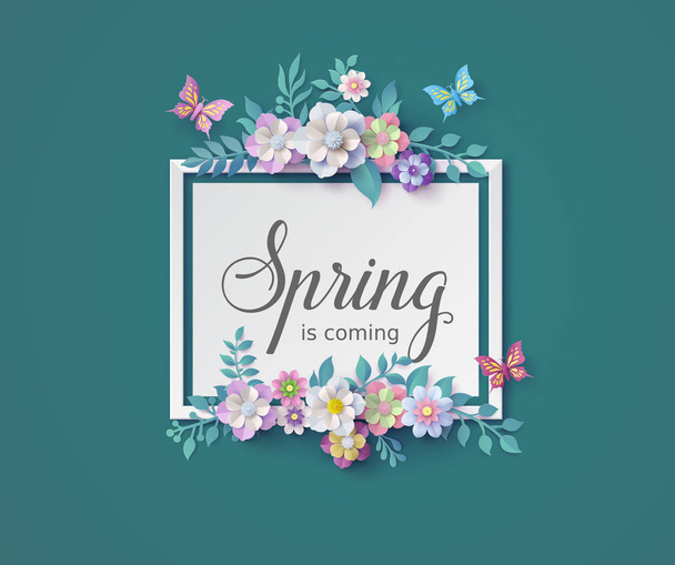 Frühlingszeit mit Rahmen aus Blumen und Blättern, Broschüren oder Gutscheinen, Papierkunst. - Vektor, Bild