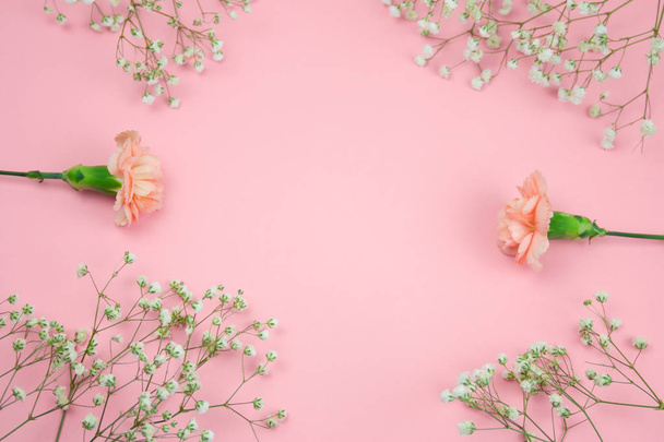 Gypsophila en anjer bloemen frame bovenaanzicht op een roze achtergrond kopie ruimte - Foto, afbeelding