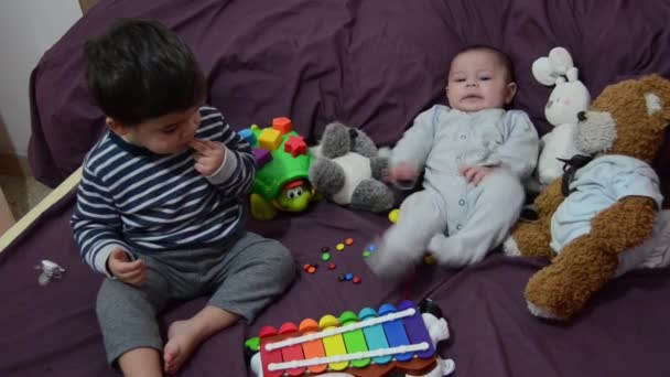 two years old and 4 months old boys playing on purrple bedding with xylophone and soft toys - Footage, Video