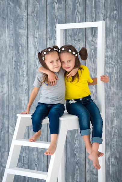Two pretty cheerful girls sisters in jeans are sitting on a stepladder in front of a wooden wall background in studio. - Valokuva, kuva