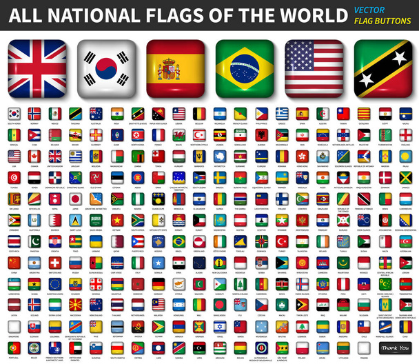 Όλες τις εθνικές σημαίες του κόσμου. Λαμπερά κυρτή γωνία στρογγυλό κουμπί τετράγωνο σχέδιο. Στοιχεία του φορέα - Διάνυσμα, εικόνα