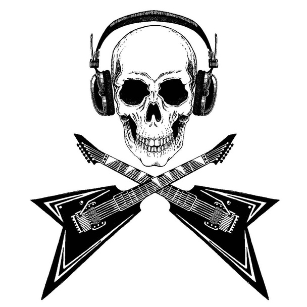 cooler Vektor Rockmusik Totenkopf mit Kopfhörer für T-Shirt, Emblem, Logo, Tätowierung, Skizze, Aufnäher - Vektor, Bild