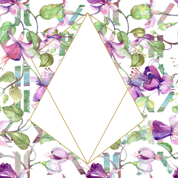 Purple fuchsia bouquet. Floral botanical flower. Watercolor background illustration set. Frame border ornament square. - Zdjęcie, obraz