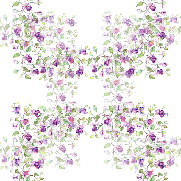 Purple fuchsia bouquet. Floral botanical flower. Watercolor background illustration set. Seamless background pattern. - Valokuva, kuva