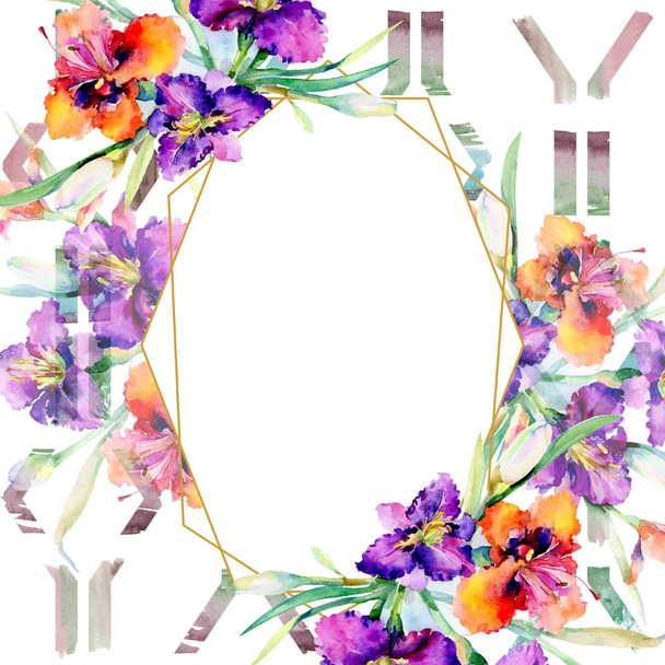Purple daylily bouquet floral botanical flowers. Watercolor background illustration set. Frame border ornament square. - Fotó, kép