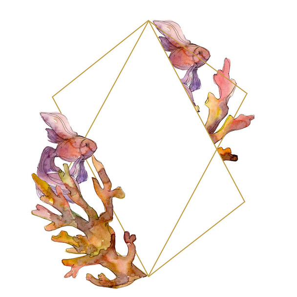rote und gelbe aquatische Natur Korallenriffe. Aquarell Hintergrundillustration Set. Rahmen Rand Ornament Quadrat. - Foto, Bild