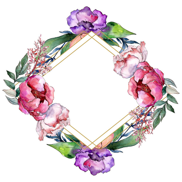 Peony bouquets floral botanical flower. Watercolor background illustration set. Frame border ornament square. - Φωτογραφία, εικόνα