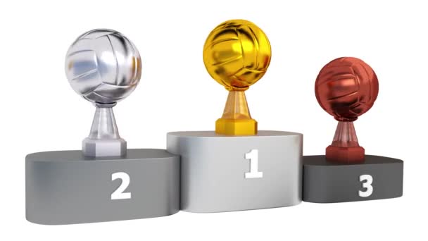 Pohled na volejbal zlaté stříbrné a bronzové trofeje v nekonečné rotace na pódium s bílým pozadím - Záběry, video