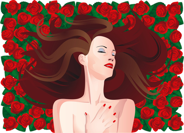 Woman on a background of red roses - Vecteur, image
