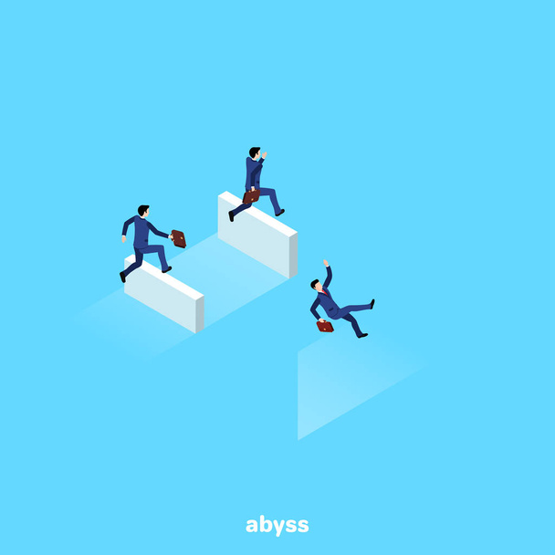 a man in a business suit jumping over a curb falls into an abyss, an isometric image - Vector, Image