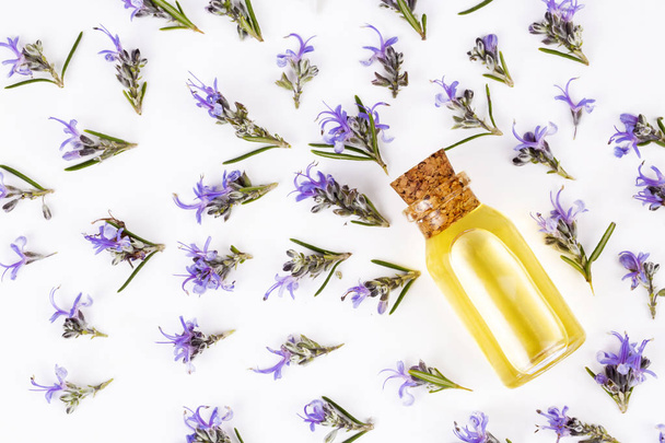 Rosemary essential oil in a small bottle. Natural aroma cosmetic - Фото, изображение