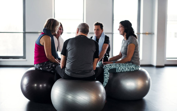 eine Gruppe von Senioren im Fitnessstudio, die sich nach dem Training auf fitten Bällen ausruhen und sich unterhalten. - Foto, Bild