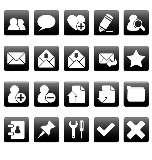White web icons on black squares - Vektor, obrázek