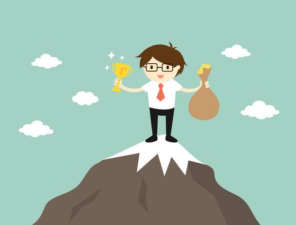 Concept d'entreprise, homme d'affaires debout au sommet de la montagne, il tient un trophée et un sac d'argent. Illustration vectorielle
.  - Vecteur, image