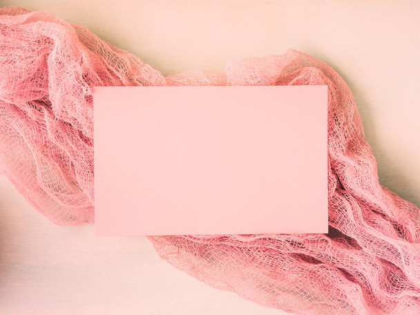 Pink empty card on coral pink fabric - Photo, Image