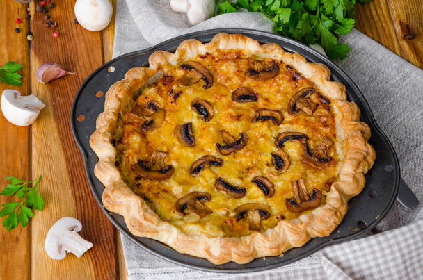 Quiche on puff pastry with leek, meat and mushrooms. Rustic style. - Photo, Image