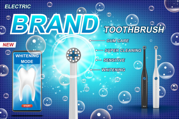 elektrische Zahnbürstenwerbung. Vibrierende Bürste mit mobiler Dental-App. Zahnmodell und Produktverpackungskonzept. 3D-Vektor-Illustration. - Vektor, Bild