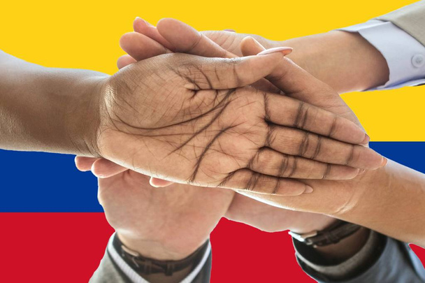 Colombia flag, intergration of a multicultural group of young people - Photo, Image