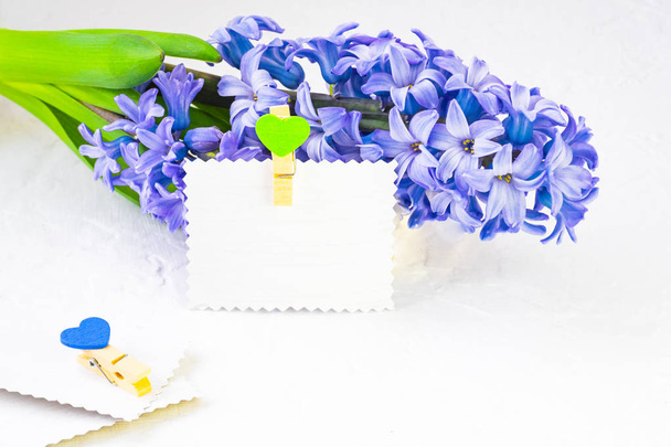 Samenstelling van de bloem. Blauwe hyacint ligt op een lichte achtergrond. In de buurt is een papier-kaart voor de handtekening, versierd met een baby pop met een hart. Goedemorgen concept, goed humeur, home comfort - Foto, afbeelding