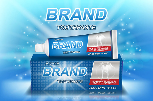 Sbiancamento annunci dentifricio isolato su blu. Modello di dente e design del pacchetto di prodotti per poster o pubblicità per la cura dentale. Illustrazione vettoriale 3d
. - Vettoriali, immagini