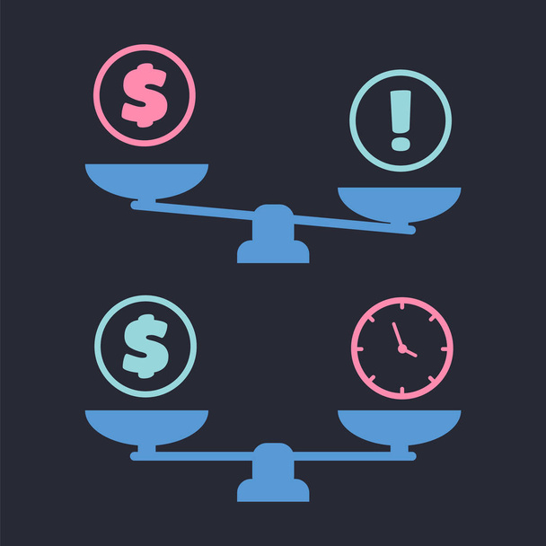 Tiempo y dinero en balanzas. Ilustración de escala vectorial - Vector, imagen