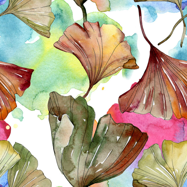 grün-rote Blätter des Ginkgo biloba. Aquarell Hintergrundillustration Set. nahtloses Hintergrundmuster. - Foto, Bild