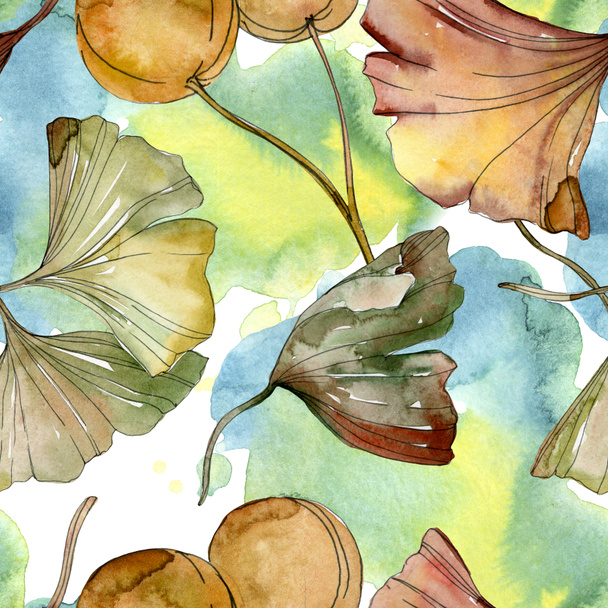 Green red ginkgo biloba leaves. Watercolor background illustration set. Seamless background pattern. - Photo, Image