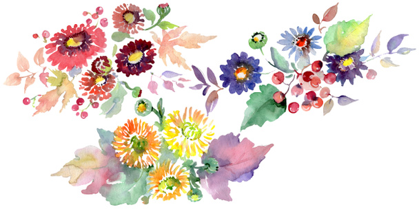 Bouquets with flowers and fruits. Watercolor background illustration set. Isolated bouquets illustration element. - Фото, зображення