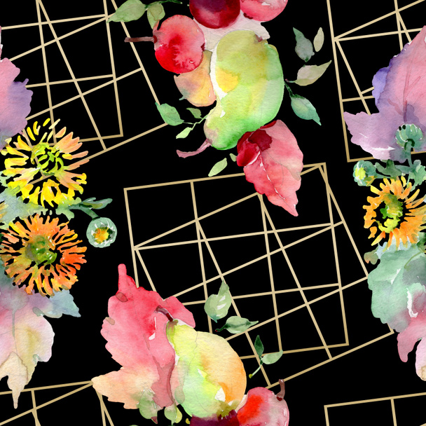 Sträuße mit Blumen und Früchten. Aquarell Hintergrundillustration Set. nahtloses Hintergrundmuster. - Foto, Bild
