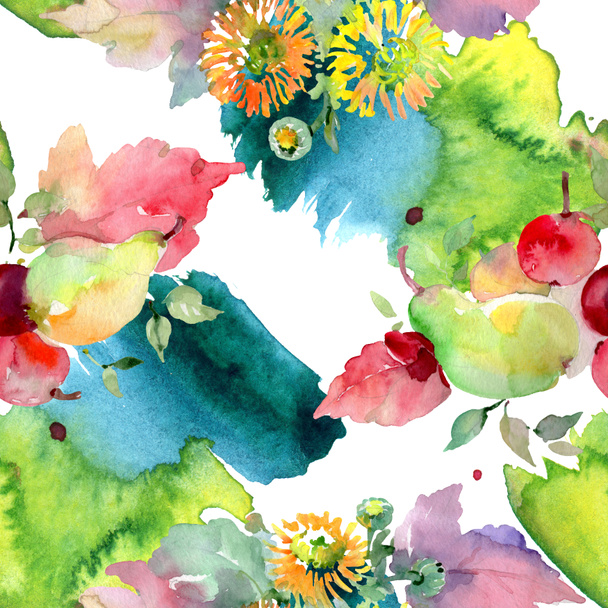 Bouquets with flowers and fruits. Watercolor background illustration set. Seamless background pattern. - Photo, Image