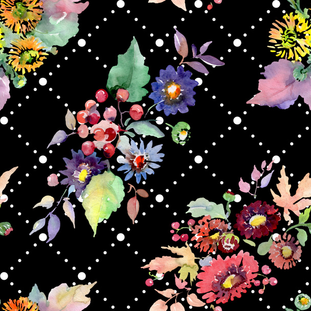 Sträuße mit Blumen und Früchten. Aquarell Hintergrundillustration Set. nahtloses Hintergrundmuster. - Foto, Bild