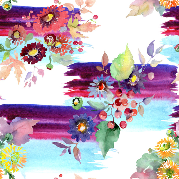 Bouquets with flowers and fruits. Watercolor background illustration set. Seamless background pattern. - Fotografie, Obrázek