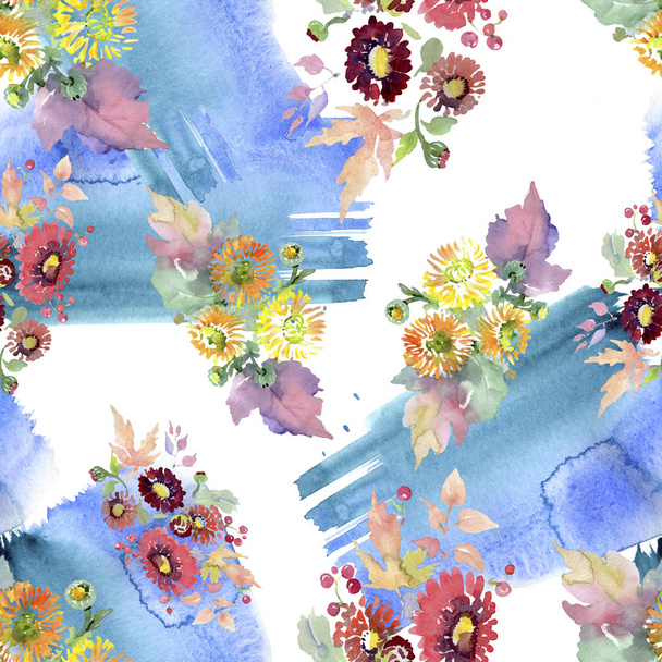 Bouquets with flowers and fruits. Watercolor background illustration set. Seamless background pattern. - Photo, image